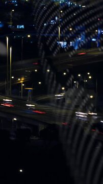 Animation of financial data processing over cityscape
