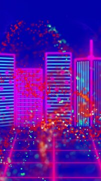 Animation of red digital wave over grid network against 3d city model on blue background