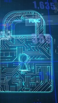 Animation of scope scanning over security padlock icon and statistical data processing
