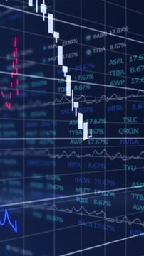 Animation of multiple graphs with changing numbers over lens flares and trading board