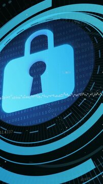 Animation of data processing over security padlock on round scanner against black background