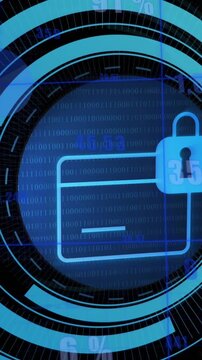 Animation of security padlock icon on round scanner against statistical data processing