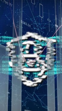 Animation of padlock in shield with graphs and binary codes forming chain over connected dots