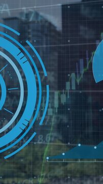 Animation of loading circles, multiple graphs and trading board over modern buildings against sky