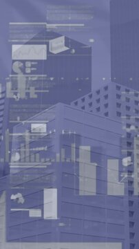 Animation of infographic interface moving over low angle view of modern skyscrapers in city
