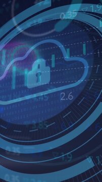 Animation of security padlock and cloud icon against statistical and stock market data processing