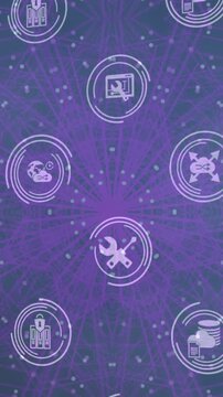 Animation of icon in loading circles over lens flares and dots moving in circular pattern