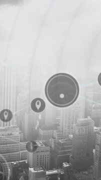Animation of connected icons and circular pattern over modern cityscape in background