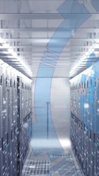 Animation of loading circles and bars on data server racks in server room