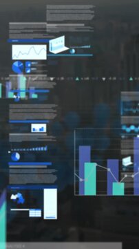 Animation of multiple graphs, loading circles and trading board over modern cityscape against sky