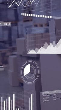 Animation of multiple graphs with loading bars and circles, changing numbers over warehouse