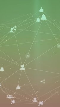 Animation of icons connected with lines forming globe over gradient background
