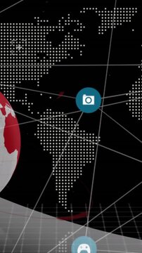Animation of connected icons with rotating globe and map over black background