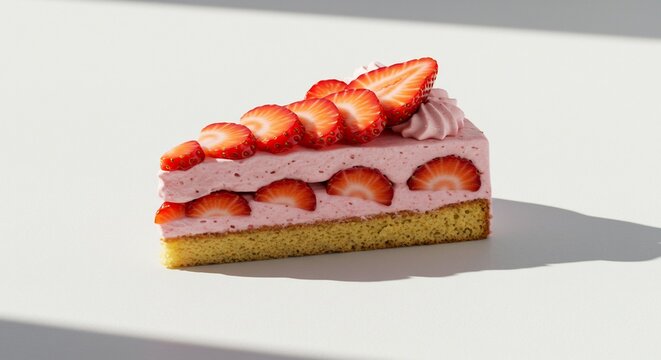 Strawberry Cake Slice Perfection: A delicate slice of strawberry cake, adorned with fresh strawberry slices and swirls of pink frosting, rests invitingly on a pristine surface.