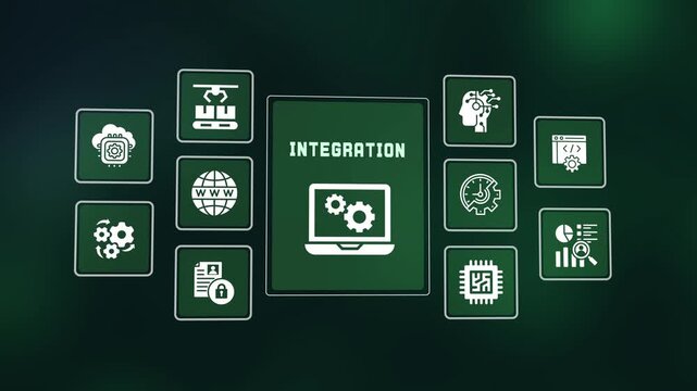 Systems integration concept with icons on green futuristic screen display for modern digital workflow