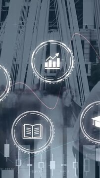 Animation of digital icons and data processing against time-lapse of people walking on a city bridge