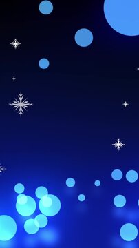Animation of snowflakes and blue glowing balls falling against black background with copy space