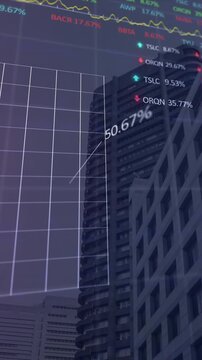 Animation of statistical and stock market data processing against low angle view of tall buildings