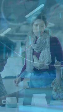 Animation of financial data processing over diverse business people in office