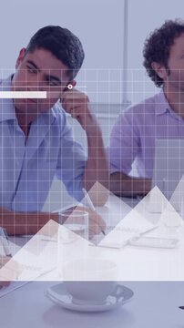 Analyzing financial data animation over business meeting in modern office