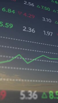 Stock market data animation over sunset landscape with ocean view