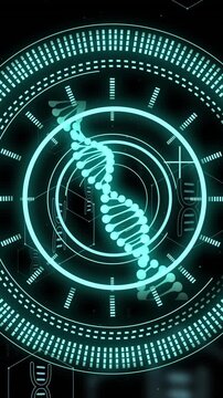 DNA strand and scientific data processing animation over dark background