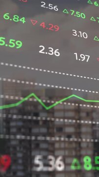 Stock market data animation over cityscape with buildings in background