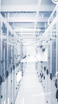 Animation of data processing and microprocessor connections against computer server room