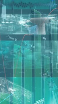 Animation of cctv camera, statistics and financial data processing over city