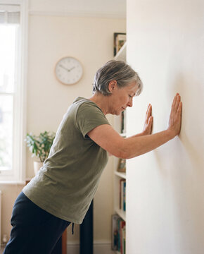 Senior woman doing wall pushups in a bright home