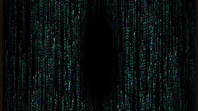 Cyberpunk Matrix Rain: A digital animation featuring green binary code and data falling vertically against a dark black background, resembling classic cyberspace