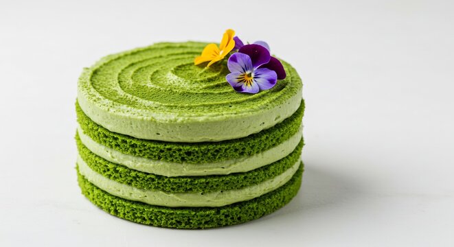 Matcha Layer Cake with Edible Flowers: A vibrant green matcha layer cake, elegantly decorated with delicate edible flowers, presents a delightful culinary masterpiece.
