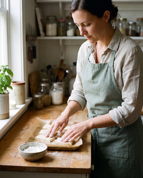 Woman preparing tofu slices in a sunlit kitchen