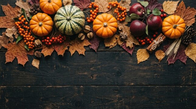 Autumn harvest border of pumpkins gourds apples and fall leaves on dark rustic wooden background with red apples thanksgiving border seasonal dec