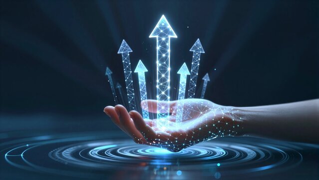 Hand cradles glowing arrows, symbolizing upward growth and futuristic direction.