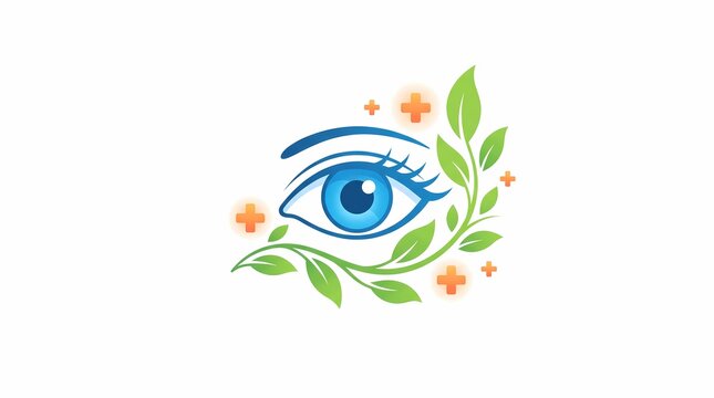 Blue eye vision care icon with green leaves and medical cross symbols herbal ophthalmology concept