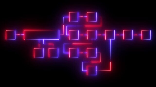 Futuristic neon flowchart diagram with glowing connected blocks and dynamic digital pathways representing system workflow, data processing, and modern technology architecture