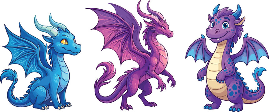 Colorful fantasy dragon character illustration set featuring three cute mythical winged creatures in blue, purple, and violet isolated on white background