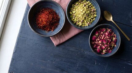 Fototapeta premium macro texture of saffron strands crushed pistachio and rose petals in