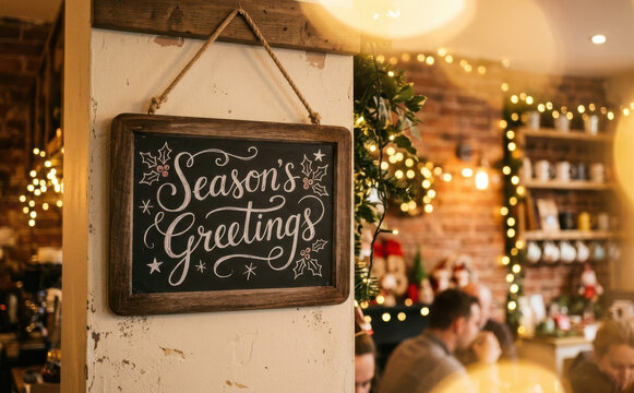 Season Greetings chalkboard sign hanging in a cozy cafe decorated with warm fairy lights for Christmas holidays winter festive atmosphere concept