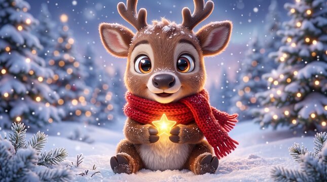 christmas cute baby reindeer with glowing star in winter forest