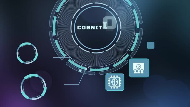 AI Cognition concept with neural thinking, digital brain interface, connected intelligence icons and futuristic technology visualization.