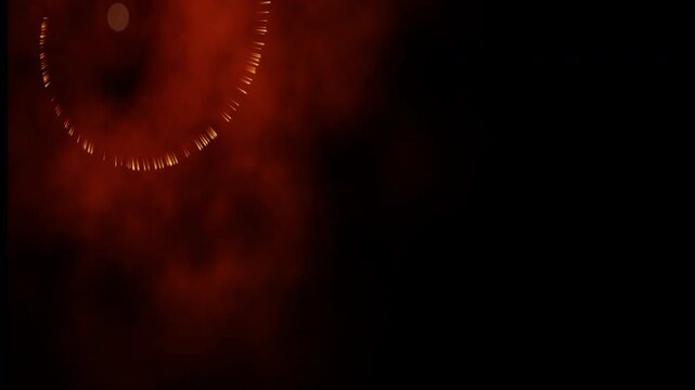 Abstract Fire Dandelion: A digital animation of glowing fiery particles exploding and radiating outward to form the shape of a dandelion seed head against a dark background