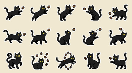 Obraz premium Black Cat Sticker Collection with Coffee Bean Illustrations