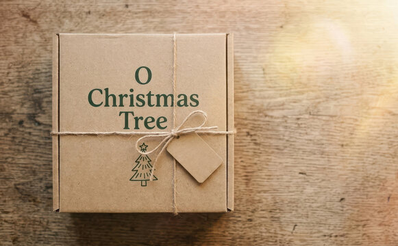 Wrapped Christmas gift box with O Christmas Tree text and string bow on wooden surface