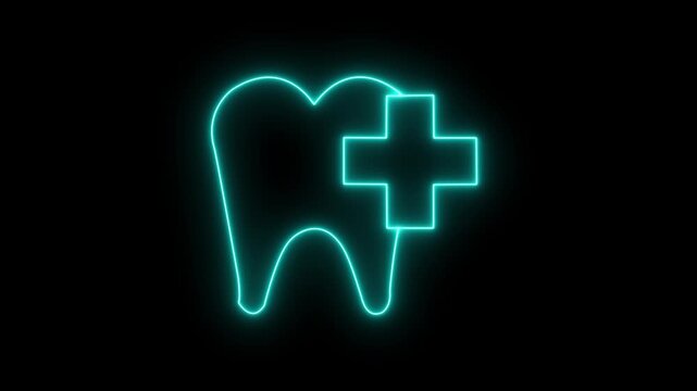 A glowing neon icon of a tooth with a medical cross, representing dental care, oral health services, modern dentistry, and professional dental treatment in a futuristic style.