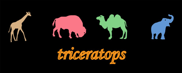 Cute colorful wild animals silhouettes set with triceratops text on black background © besok