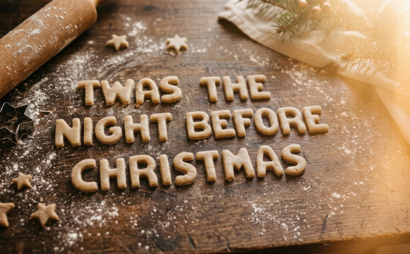 Twas the night before Christmas message spelled with cookie dough on a rustic wooden table with rolling pin and flour for holiday baking concepts