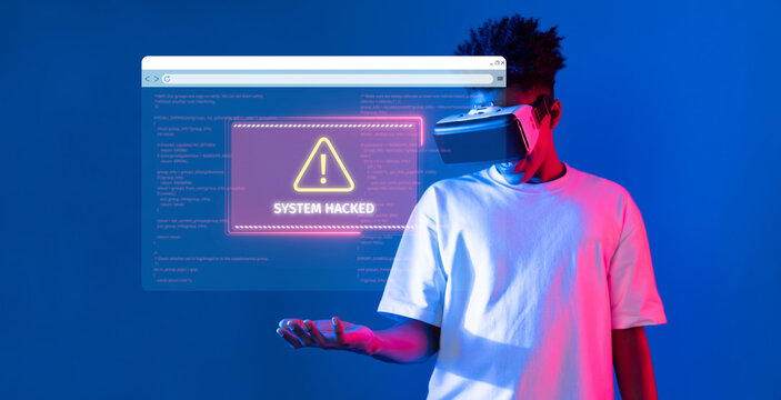 A young man wearing a virtual reality headset stands before a digital interface, highlighting the concept of a cyber attack with a YSTEM HACKED' warning sign. XDMCP