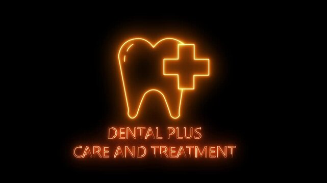 A glowing neon icon of a tooth with a medical cross, representing dental care, oral health services, modern dentistry, and professional dental treatment in a futuristic style.